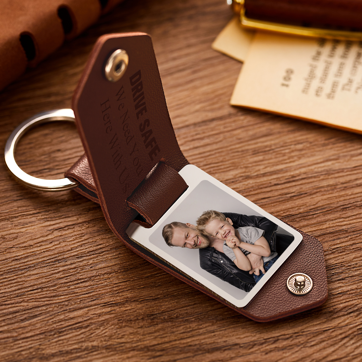 Benutzerdefinierter Foto-schlüsselanhänger „drive Safe“ Aus Leder Mit Namen Der Kinder, Personalisiertes Leder-foto-schlüsselanhänger, Geschenk Für Papa - soufeede