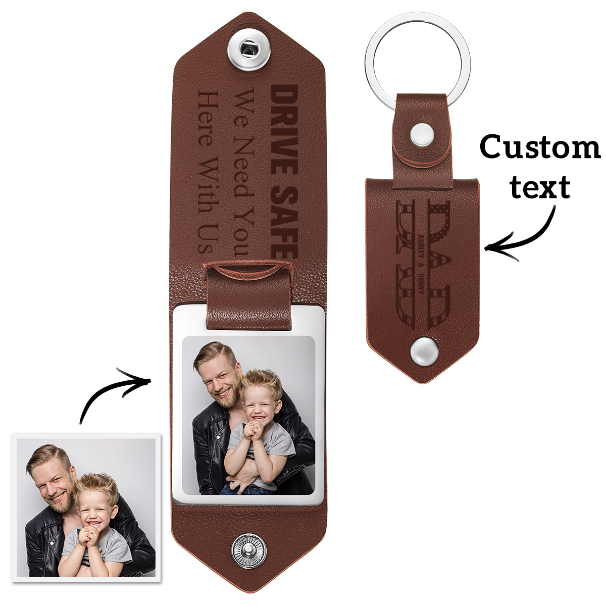 Benutzerdefinierter Foto-schlüsselanhänger „drive Safe“ Aus Leder Mit Namen Der Kinder, Personalisiertes Leder-foto-schlüsselanhänger, Geschenk Für Papa - soufeede