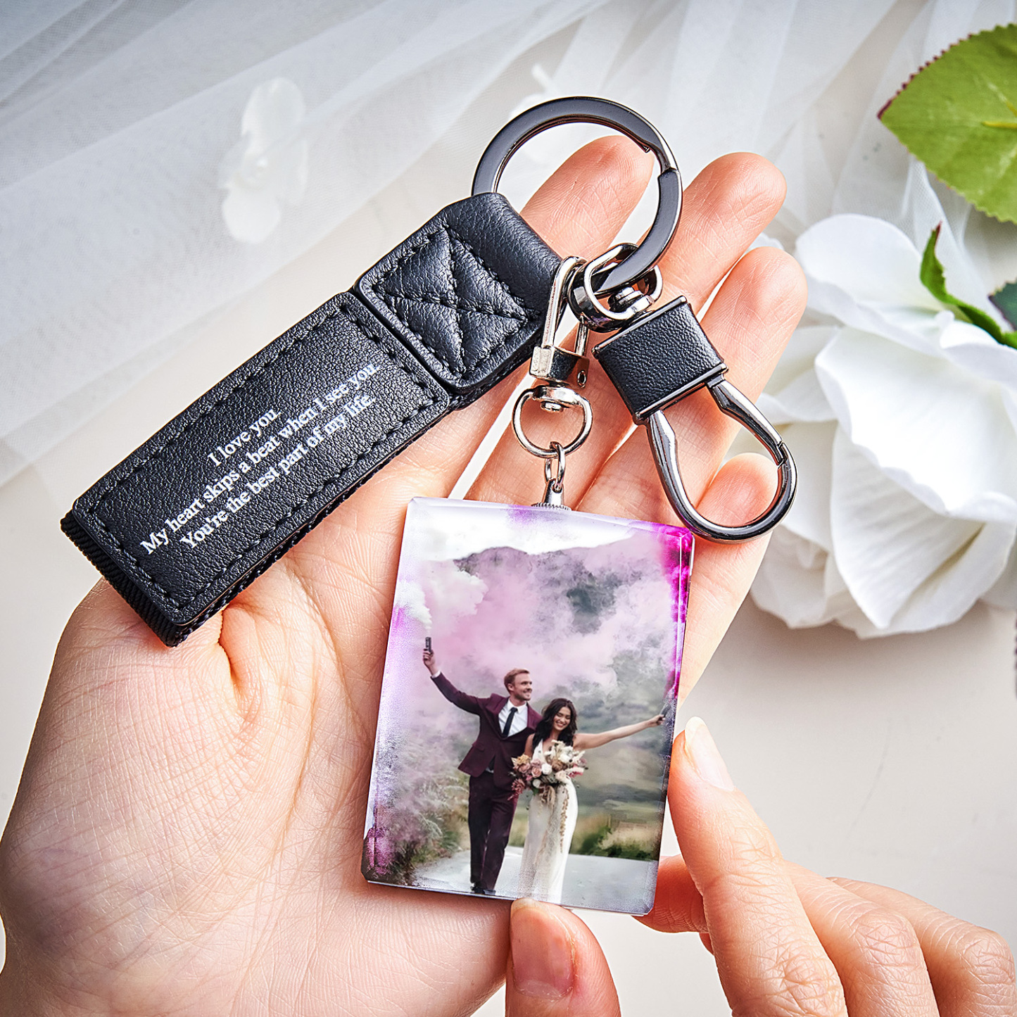 Personalisierter Doppelseitiger Foto-kristall-schlüsselanhänger, Gravierter Leder-schlüsselanhänger, Geschenke Für Sie, Hochzeitsgeschenke - soufeelde
