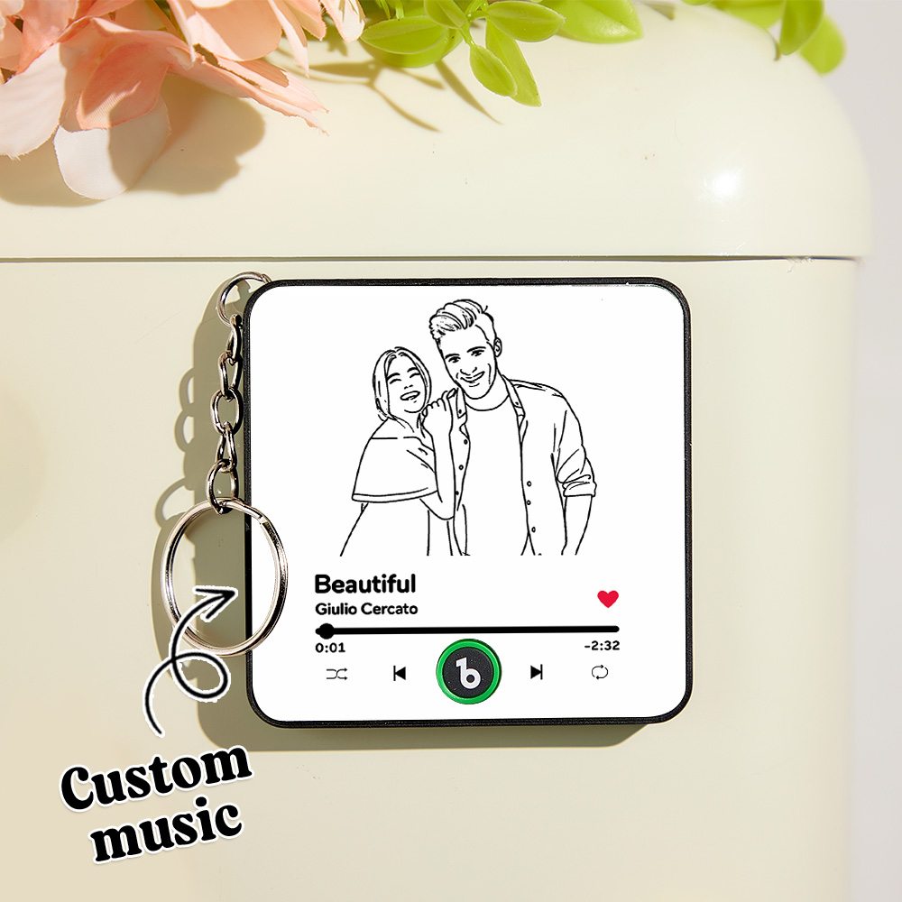 Personalisierter Musik-schlüsselanhänger Mit Linienkunst-foto, Spieluhr, Taschenanhänger, Der Musik Ohne Handy Spielt, Geschenke Für Paare - soufeelde