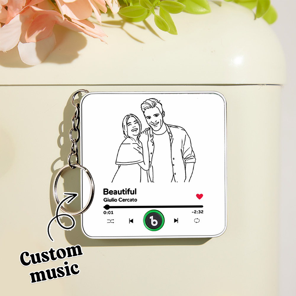 Personalisierter Musik-schlüsselanhänger Mit Linienkunst-foto, Spieluhr, Taschenanhänger, Der Musik Ohne Handy Spielt, Geschenke Für Paare - soufeelde