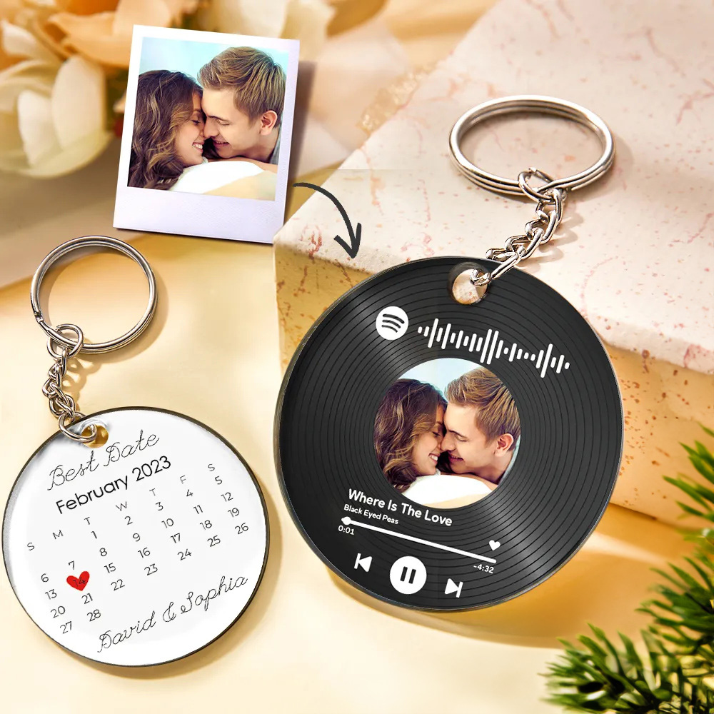 Benutzerdefinierter Foto- Und Datums-schlüsselanhänger, Kalender-schlüsselanhänger, Scannbarer Spotify-code-schlüsselanhänger, Jahrestag, Weihnachtsgeschenk - soufeede
