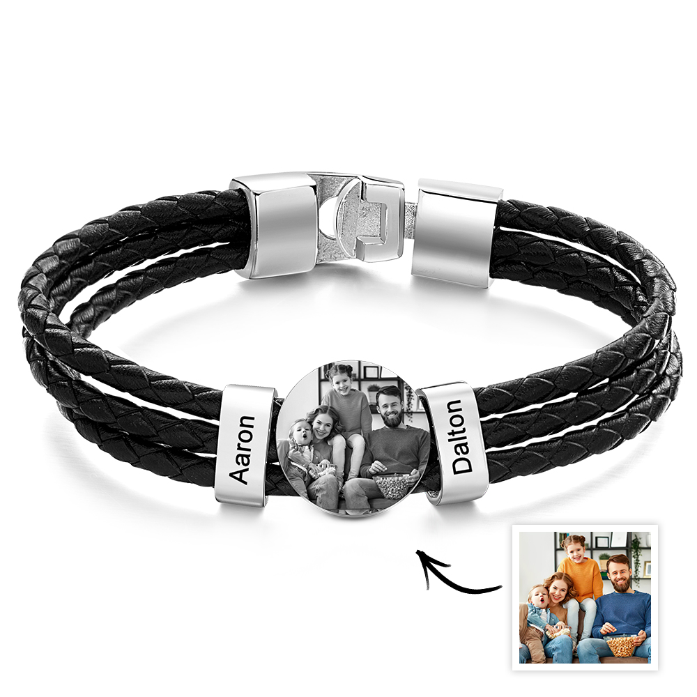 Herren-fotoarmband Aus Leder Mit 2 Namen, Individuelle Familiennamen-fotogeschenke Für Papa, Vatertagsgeschenke - soufeede