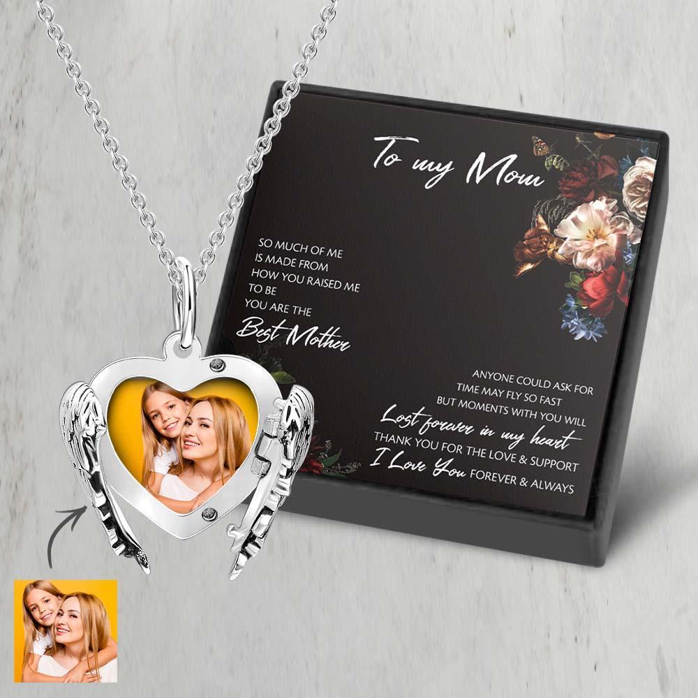 Gravierbare Foto-medaillon-halskette, Personalisiertes Herz-engelsflügel-sterlingsilber, Geschenk Für Mama - soufeede
