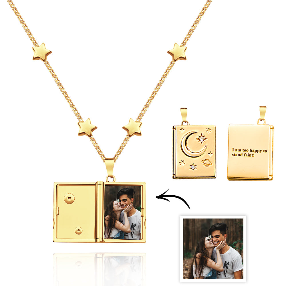 Personalisierte Foto-medaillon-halskette, Modischer Stern-mond-element-anhänger, Liebesgeschenk - soufeede