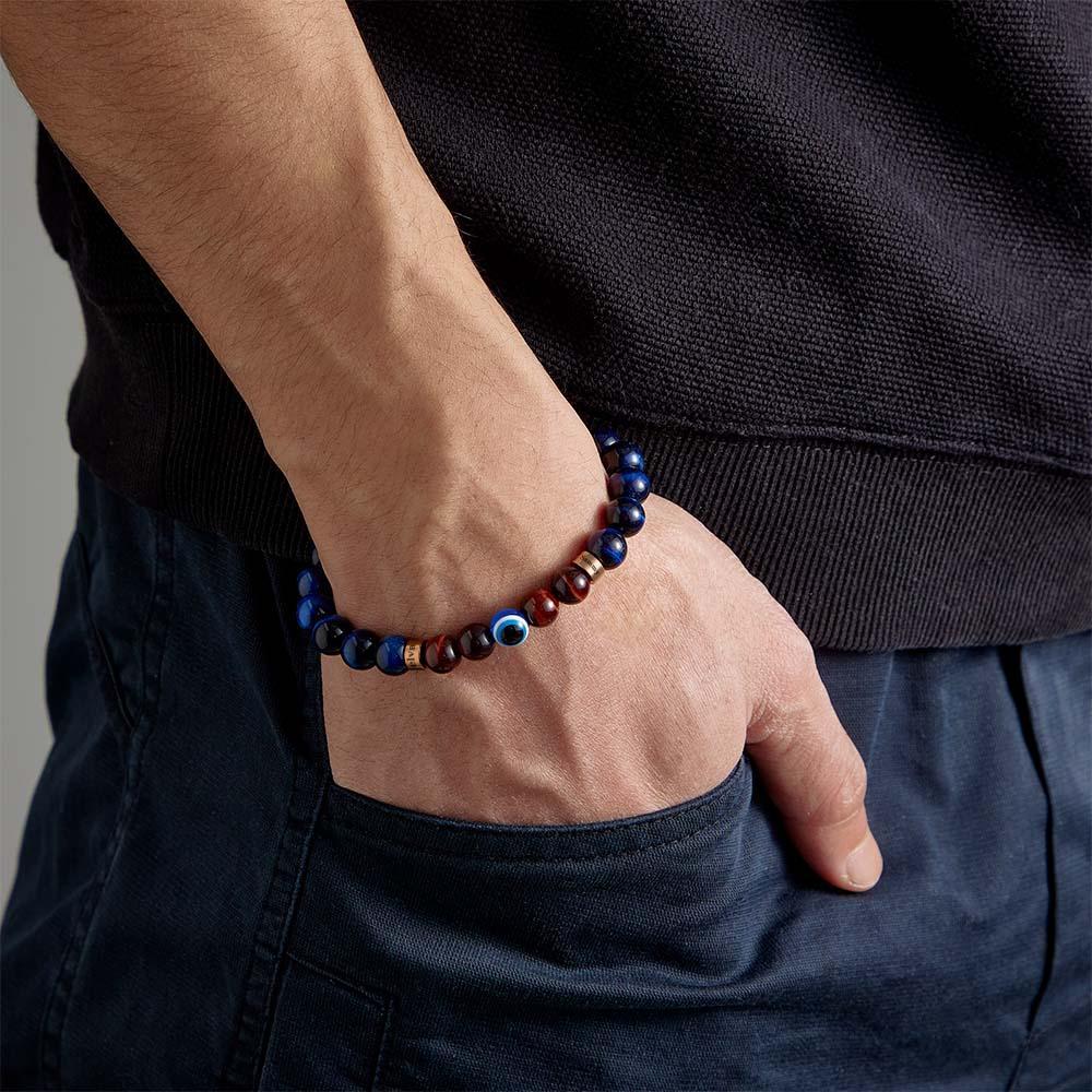 Individuell Graviertes Amulett-armband Mit Bösem Blick, Blaues Und Rotes Tigerauge-perlenarmband Für Männer - soufeede