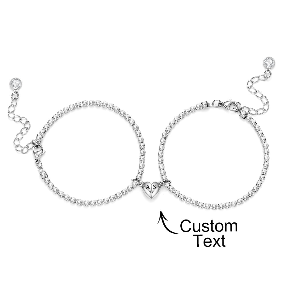 Individuell Graviertes Magnetisches Tennisarmband-set Mit Allen Diamanten In Herzform, Passendes Armband, Geschenk Für Paare - soufeede