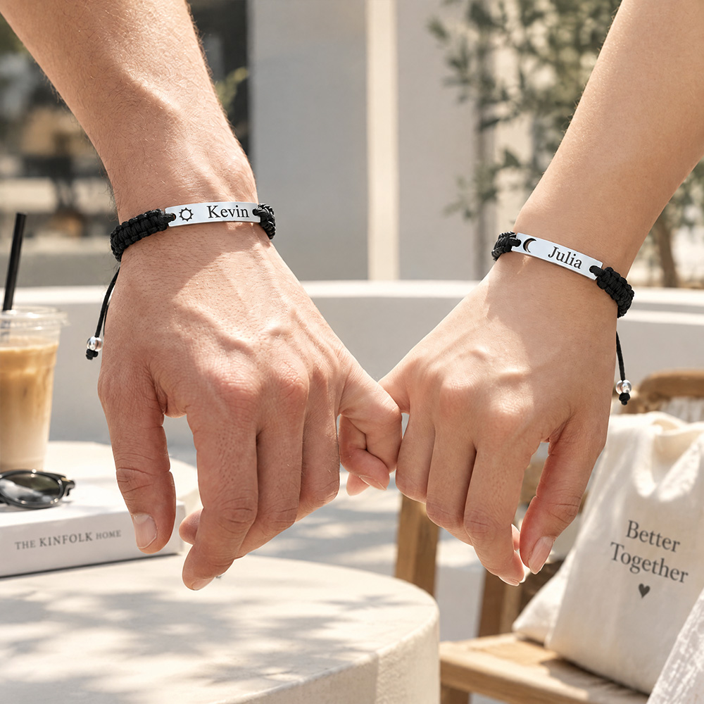 Personalisierte Sonne- Und Mond-Paararmbänder – Individuell Gravierte Gewebte Armbänder Für Paare, Passendes Beziehungsgeschenk - soufeelde