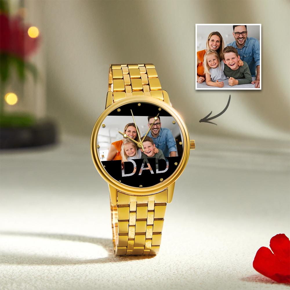 Personalisierte Gravur-foto-uhr, Vatertagsgeschenke, Herren-fotouhr Mit Schwarzem Legierungsarmband Für Den Vater - soufeede