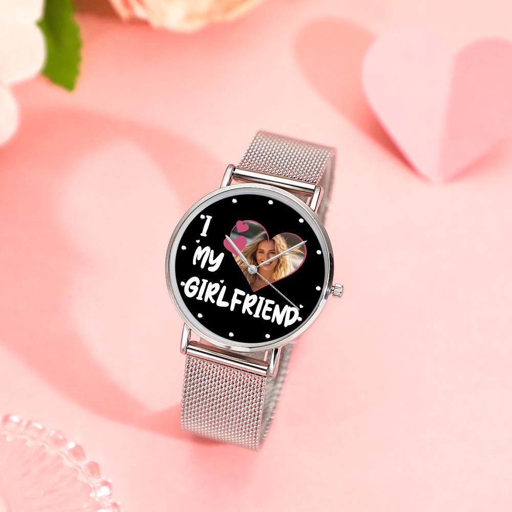 ich liebe meine Freundin-armbanduhr Mit Personalisiertem Gravurfoto Und Legierungsarmband, Valentinstagsgeschenk Für Freundin - soufeede