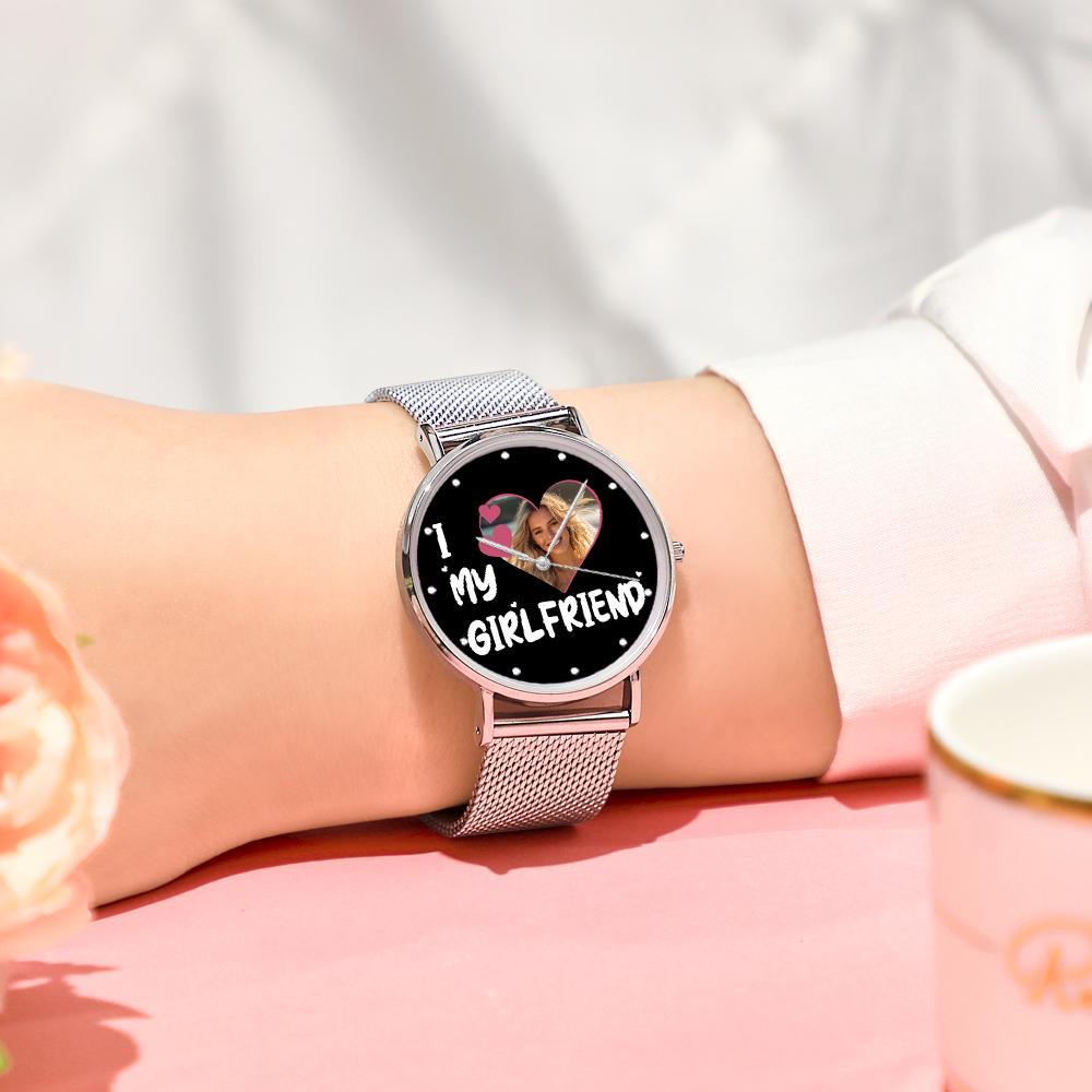 ich liebe meine Freundin-armbanduhr Mit Personalisiertem Gravurfoto Und Legierungsarmband, Valentinstagsgeschenk Für Freundin - soufeede