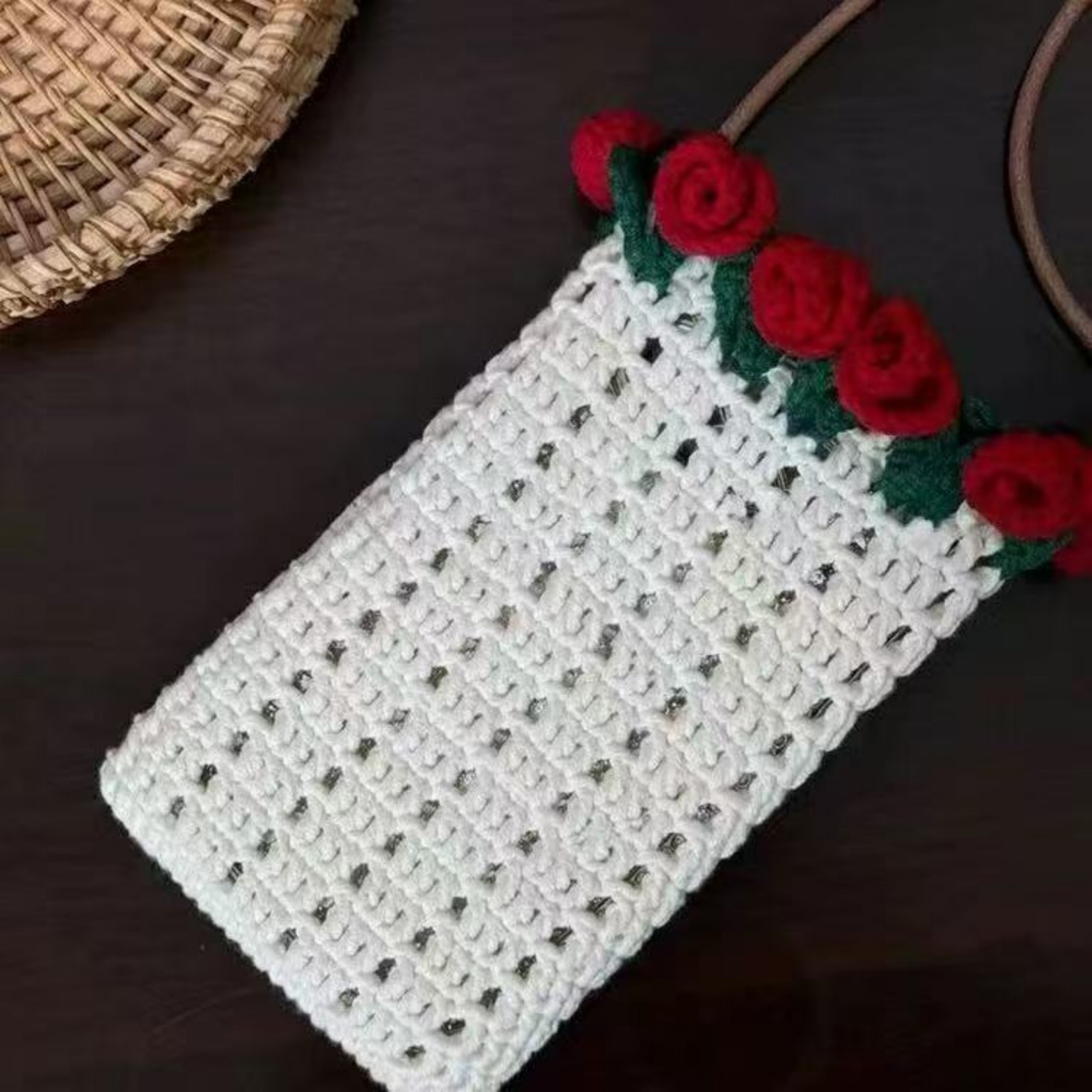 Gestrickte Rosenstraußtasche, Gewebte Eimertasche, Fertig Handgewebter Blumenstrauß, Geschenk Für Mutter Und Freundin - soufeelde