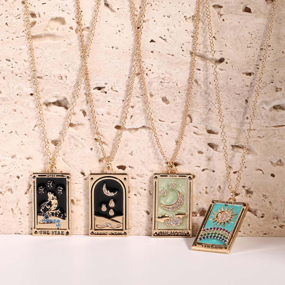 Bunte Tarotkarten Symbolische Halskette Tropfendes Öl Anhänger Emaille Halskette Mit Strass Geschenk - soufeede