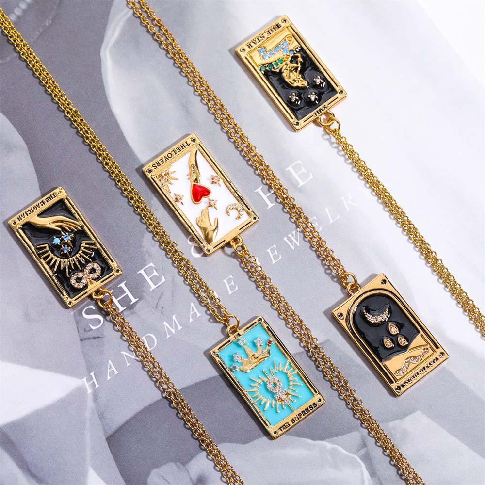 Bunte Tarotkarten Symbolische Halskette Tropfendes Öl Anhänger Emaille Halskette Mit Strass Geschenk - soufeede
