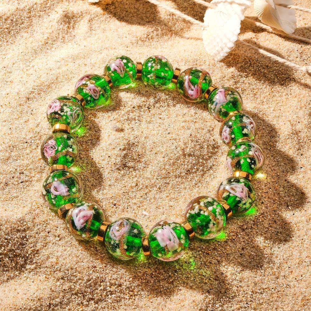 Grün Mit Blumen Glühwürmchen-glas-stretch-perlenarmband, Leuchtet Im Dunkeln, Leuchtendes Armband - soufeede