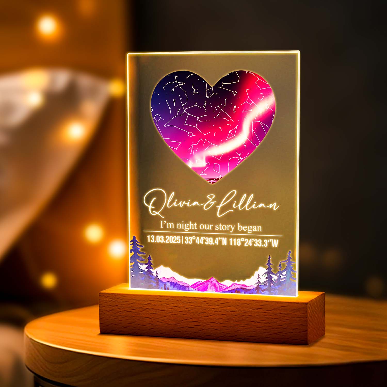 Individuelle Sternenkarten-nachtlichtlampe Aus Acryl Mit Datumstext Und Holzsockel, Heimdekoration Als Valentinstagsgeschenk Für Paare - soufeelde