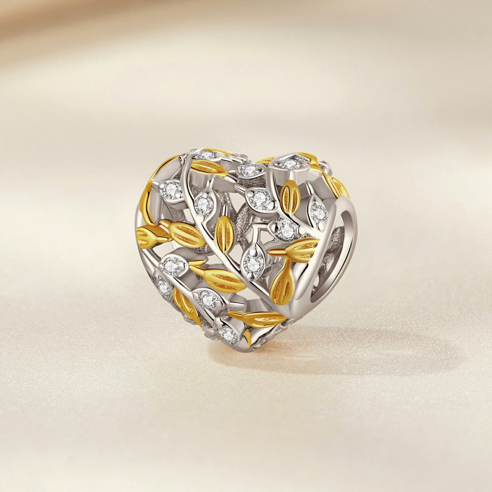 Herzförmige Blätter, gelber Dekor-Charm, 925er Sterlingsilber, xs2197
