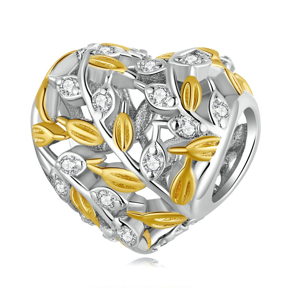 Herzförmige Blätter, gelber Dekor-Charm, 925er Sterlingsilber, xs2197