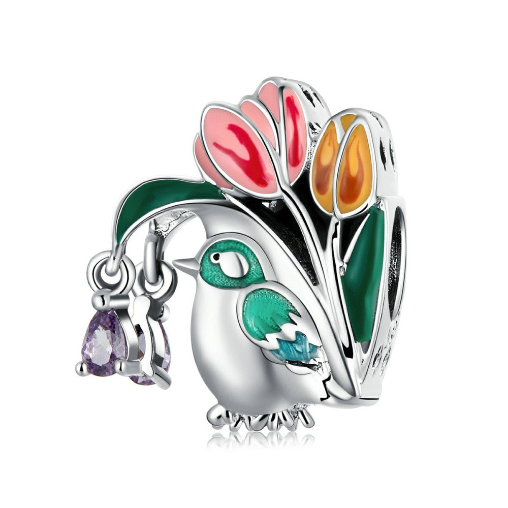 Blumen und Vögel Regen Charm 925 Sterling Silber xs2250