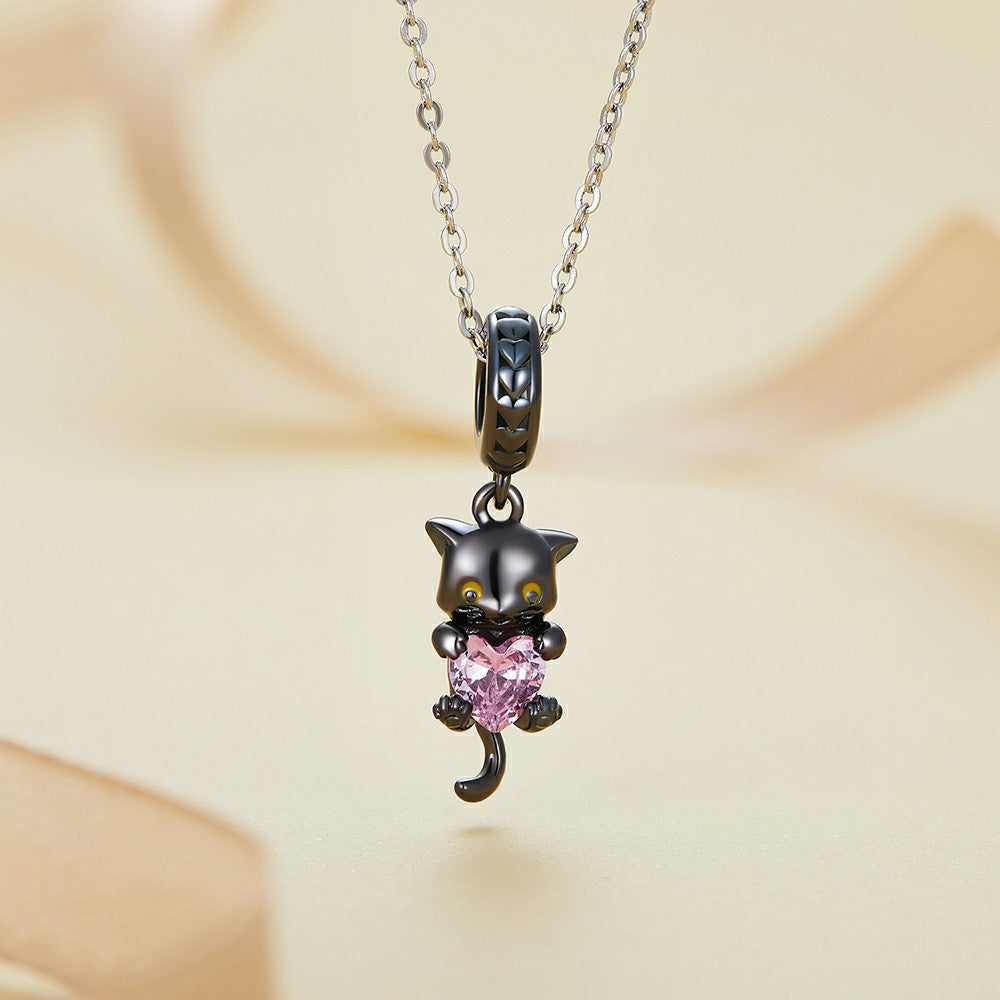 Kleine schwarze Katze baumelnder Anhänger aus 925er Sterlingsilber yb2375