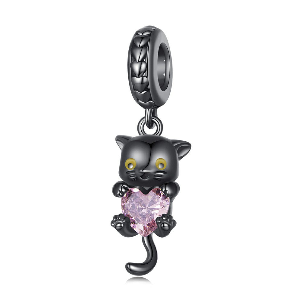 Kleine schwarze Katze baumelnder Anhänger aus 925er Sterlingsilber yb2375