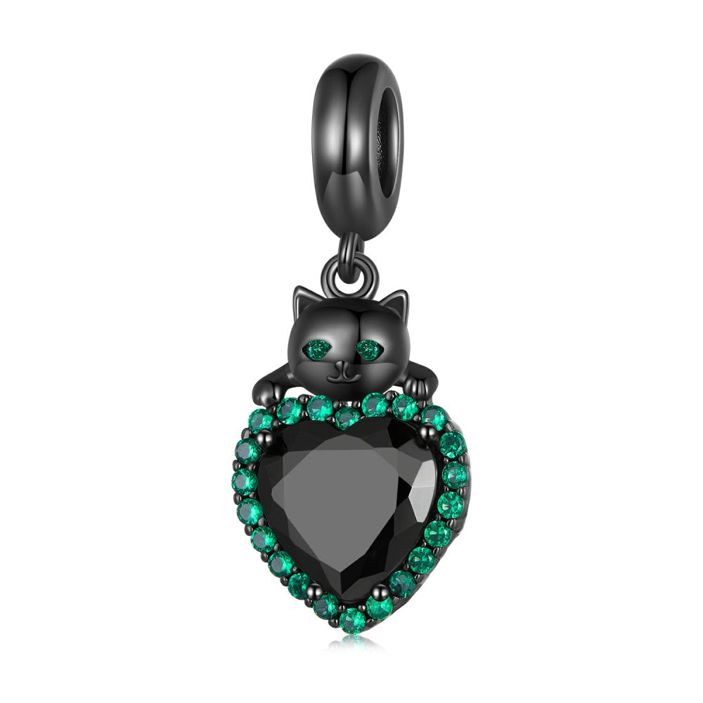 Schwarze Katze mit grünem Herz-Anhänger, 925er Sterlingsilber, YB2380