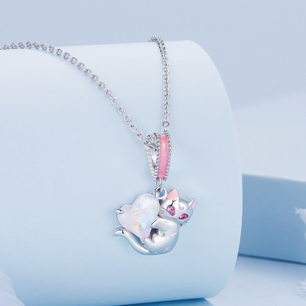 Katzen und Herzen baumelnder Anhänger aus 925er Sterlingsilber yb2386