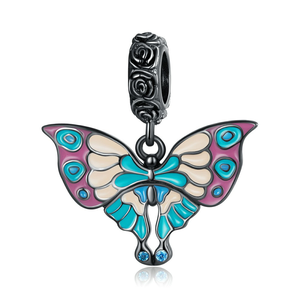 Kunst-Anhänger mit Schmetterling und schwarzer Rose, 925er Sterlingsilber, YB2517