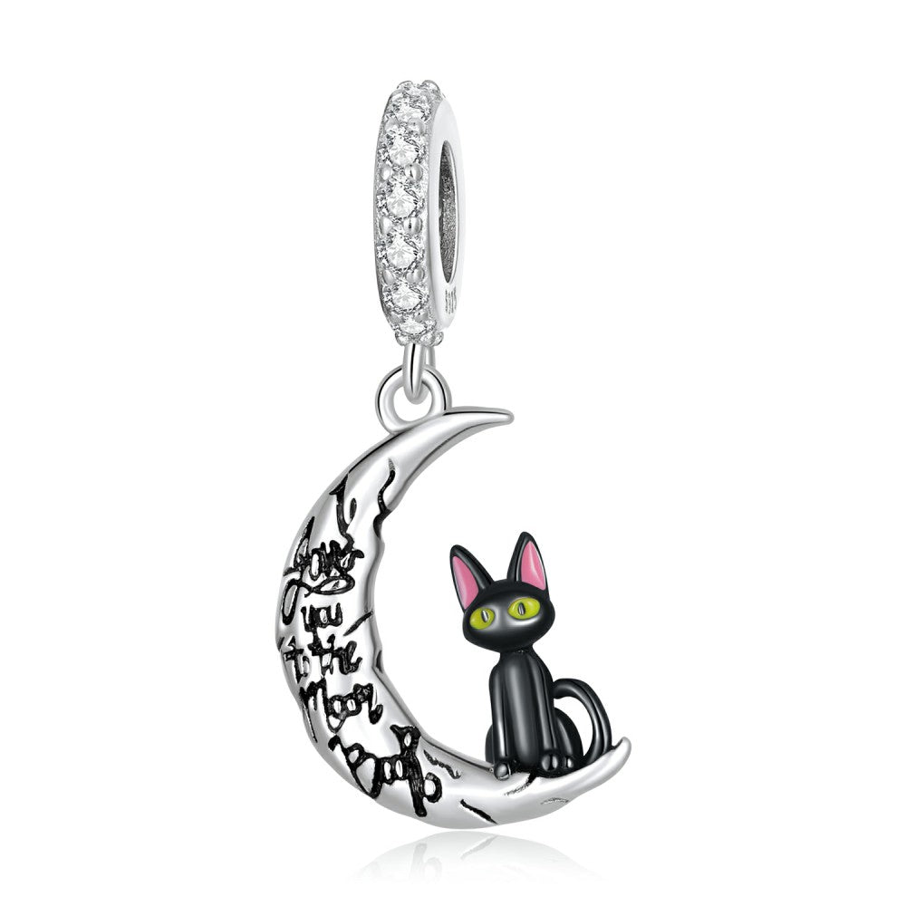 Anhänger mit Mond und schwarzer Katze, 925er Sterlingsilber, YB2523