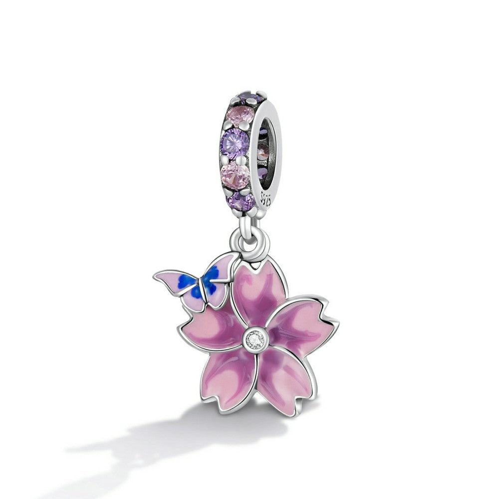 Rosafarbener Schmetterlings- und Blumen-Anhänger aus 925er Sterlingsilber, YB2544