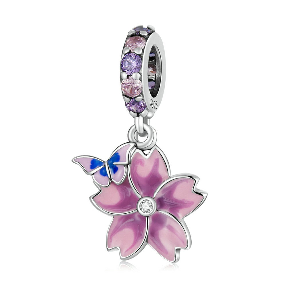Rosafarbener Schmetterlings- und Blumen-Anhänger aus 925er Sterlingsilber, YB2544