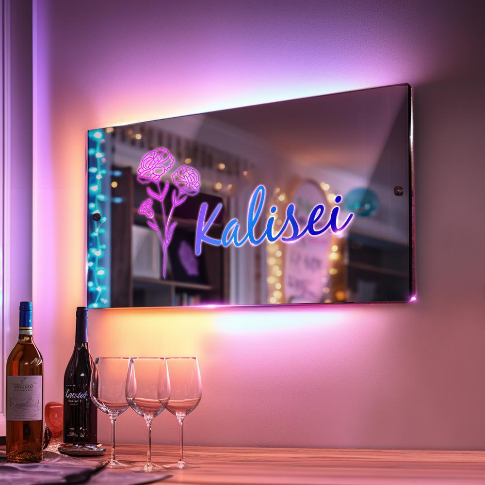 Personalisierter Name Und Auswahl Des Geburtstags-blumenmonats, Weihnachts-geburtstags-spiegelschild, Individuelle Led-beleuchtete, Beleuchtete Wandspiegel - soufeede