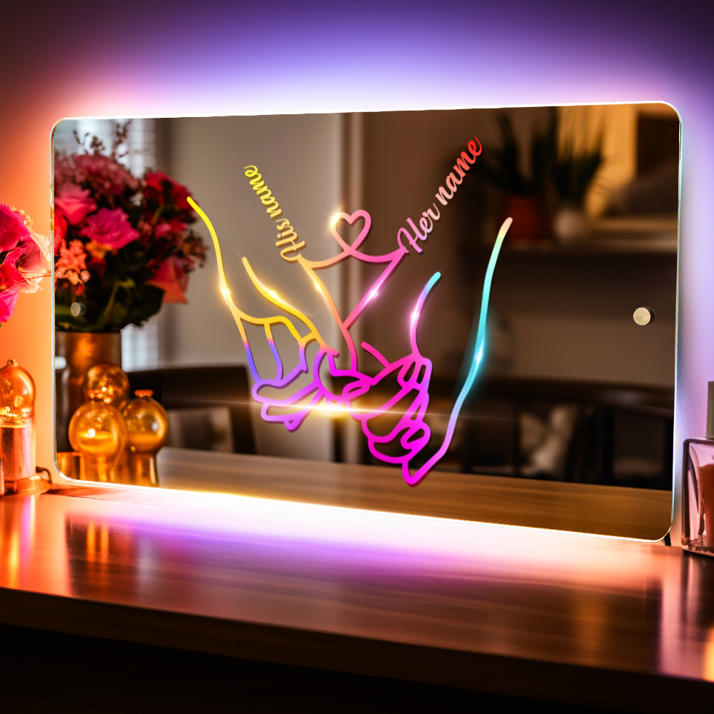 Personalisiertes Namensspiegellicht Für Valentinstagsgeschenk, Individuelle Spiegel-neonschilder, Wanddekoration, Bunte Liebeslinie, Händchenhaltendes Paar, Kalligraphie - soufeede