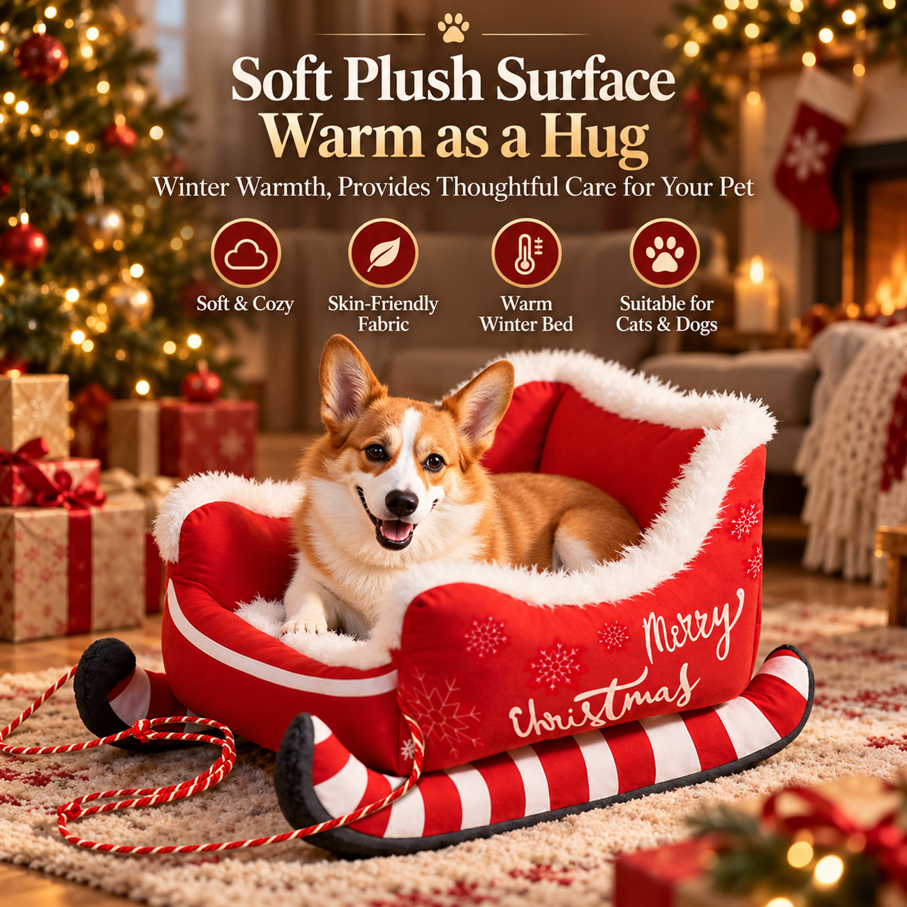 Weihnachtliches Schlitten-Haustierbett – Festliches, Gemütliches Nest In Form Eines Weihnachtsmannschlittens Für Hunde Und Katzen, Weihnachtsdekoration - soufeelde