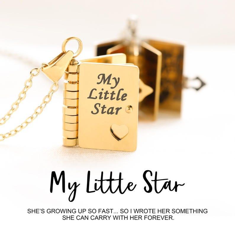 Personalisierte My Little Star Buchkette – Ein Brief An Meine Tochter In Einem Medaillon, Verstellbarer Anhänger Mit Botschaft Im Inneren, Bedeutungsvolles Schmuckgeschenk - soufeelde