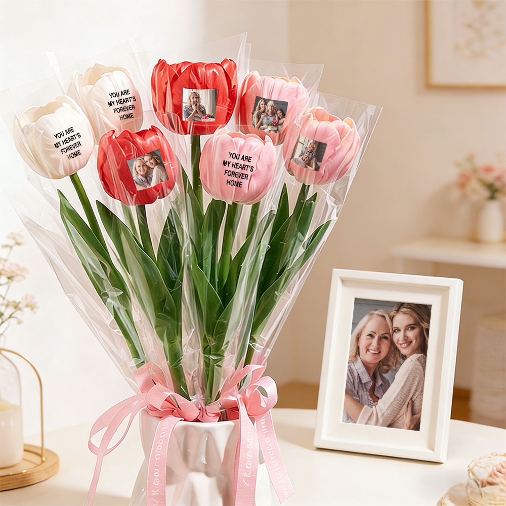 Flores De Tulipán Con Foto Personalizada Y Texto Personalizado. Flores Artificiales. El Mejor Regalo Para Mamá En El Día de la Madre.