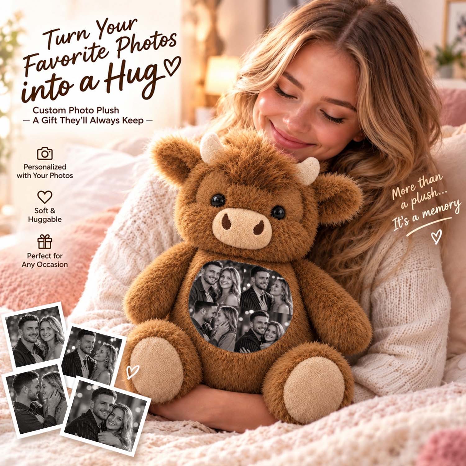 Foto Personalizada Juguete De Peluche De Vaca De Las Tierras Altas Imagen Personalizada Ganado De Las Tierras Altas Relleno Lindo Regalo De Recuerdo Familiar Y De Aniversario Para Niños Y Parejas - soufeeles
