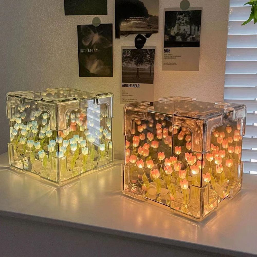 Diy Sea Cube Flower Tulip Lamp Kit Material Package Infinite Garden Acrílico Lámpara De Noche Tridimensional Fácil Montaje Regalo De Bricolaje Regalo Para Novias - soufeeles