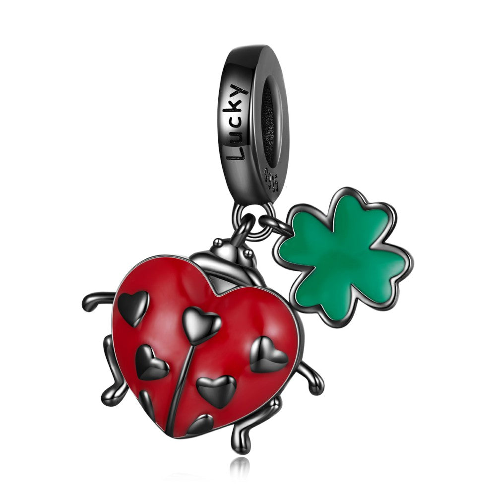 ciondolo pendente coccinella rossa e quadrifoglio in argento sterling 925 yb2429