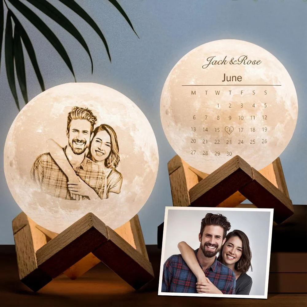 Foto Personalizada Lámpara De Luna Nombre 3d Fecha De Luz Aniversario Lámpara De Luna Grabada - Toque Dos Colores 10cm-20cm Regalo De Pareja