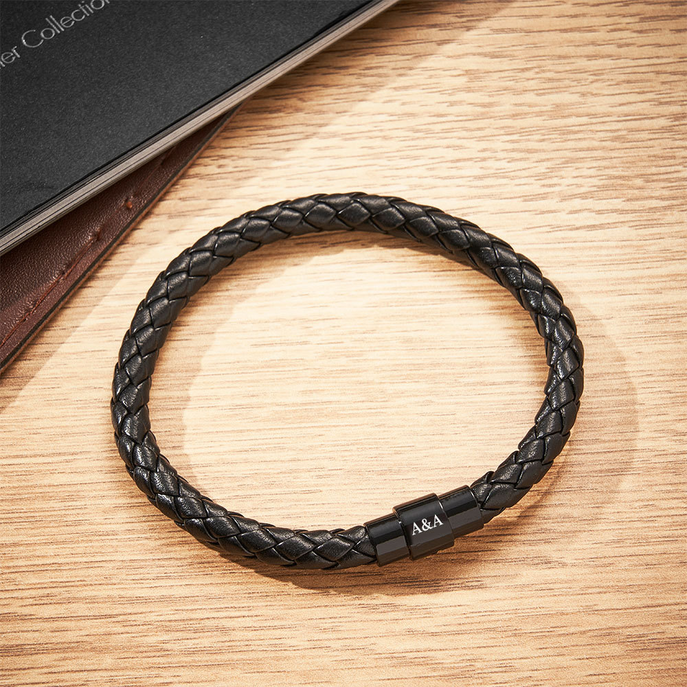 Pulsera Personalizada Con Cierre De Cuero Negro Y Elegante, Personalizada Con Las Iniciales De Los Afortunados Destinatarios, Un Regalo Duradero Y Personalizado - soufeeles
