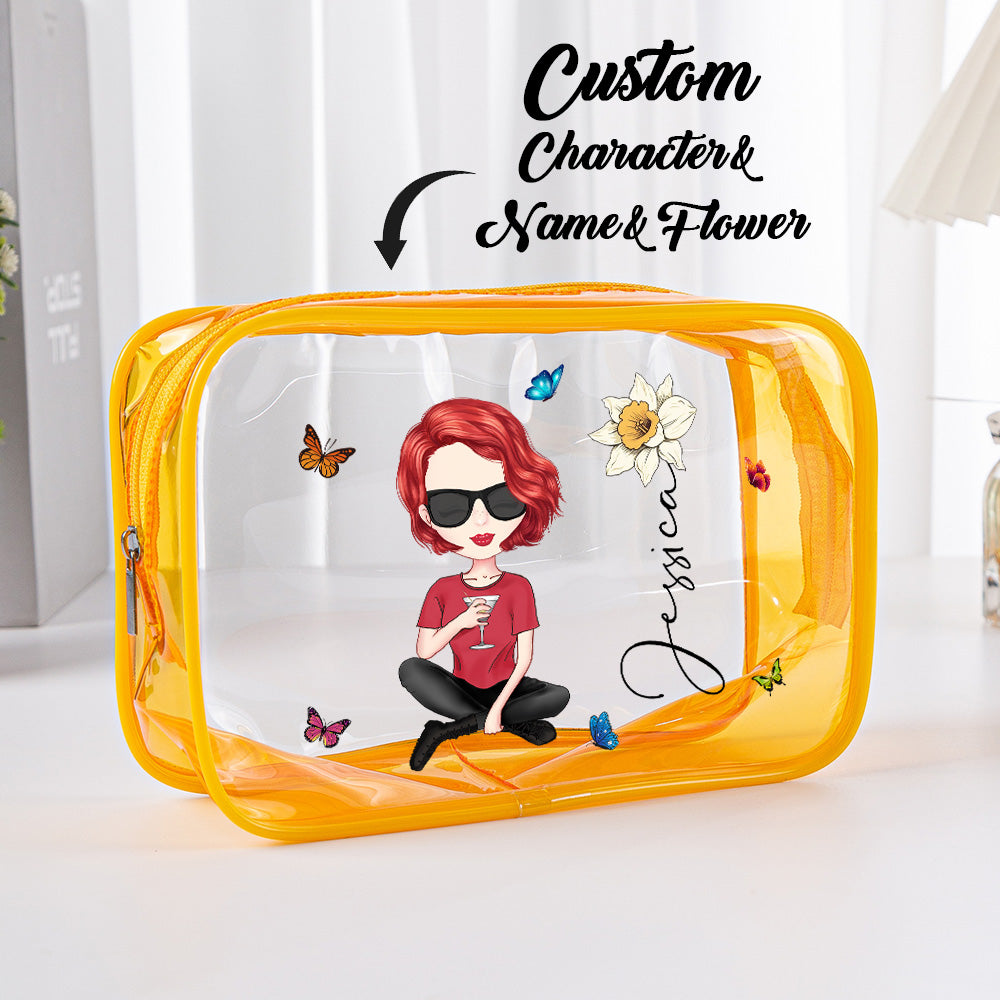 Bolsa De Maquillaje Impermeable Transparente Con Flor De Nacimiento De Niña De Dibujos Animados Personalizada Con Nombre Regalo De Cumpleaños Para Ella - soufeeles