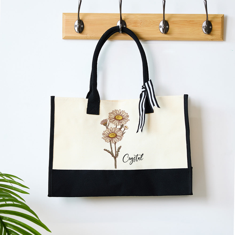 Bolso De Mano Personalizado De Lona Con Flores De Nacimiento, Bolso De Mano De Playa De Gran Capacidad, Regalo Para Ella - soufeeles