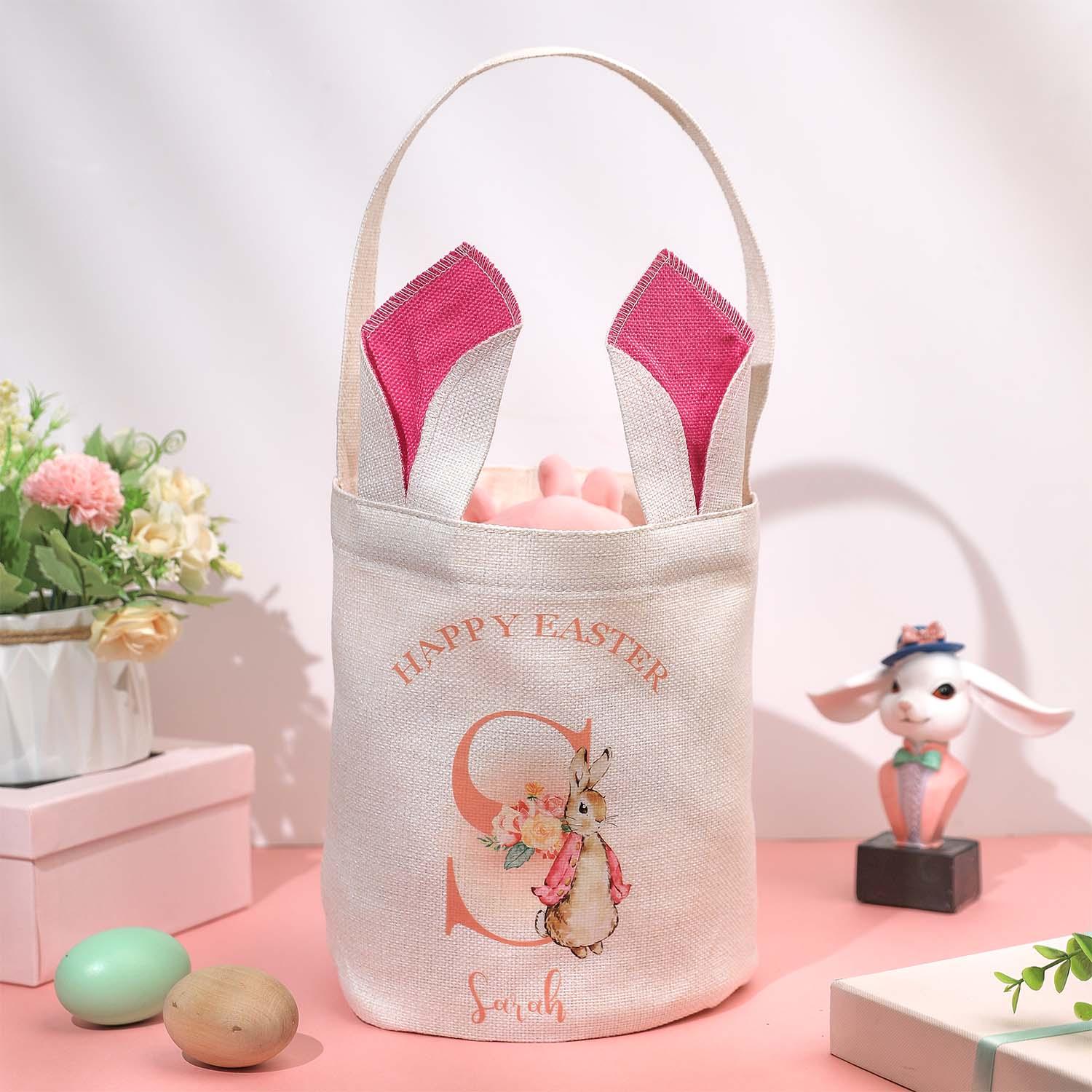 Bolsa De Cubo Personalizada Con Orejas De Conejo Peter Rabbit, Inicial Y Nombre, Cesta De Búsqueda De Huevos De Pascua, Regalo De Fiesta De Cumpleaños Para Niños - soufeeles