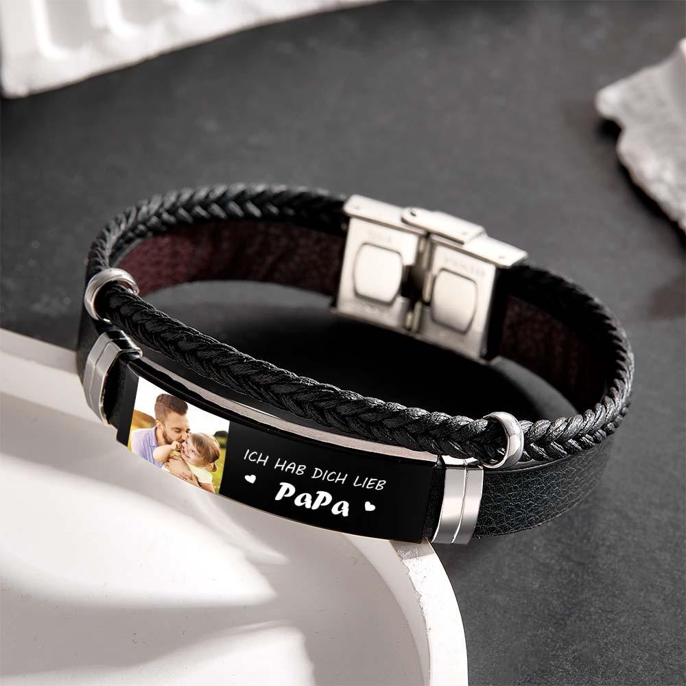 Pulsera De Cuero Con Foto Personalizada Y Brazalete Trenzado Con Texto Regalos Para El Día Del Padre - soufeeles