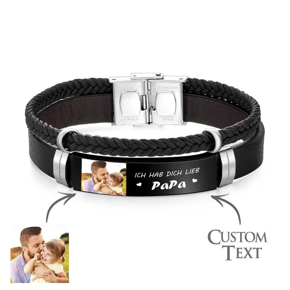 Pulsera De Cuero Con Foto Personalizada Y Brazalete Trenzado Con Texto Regalos Para El Día Del Padre - soufeeles