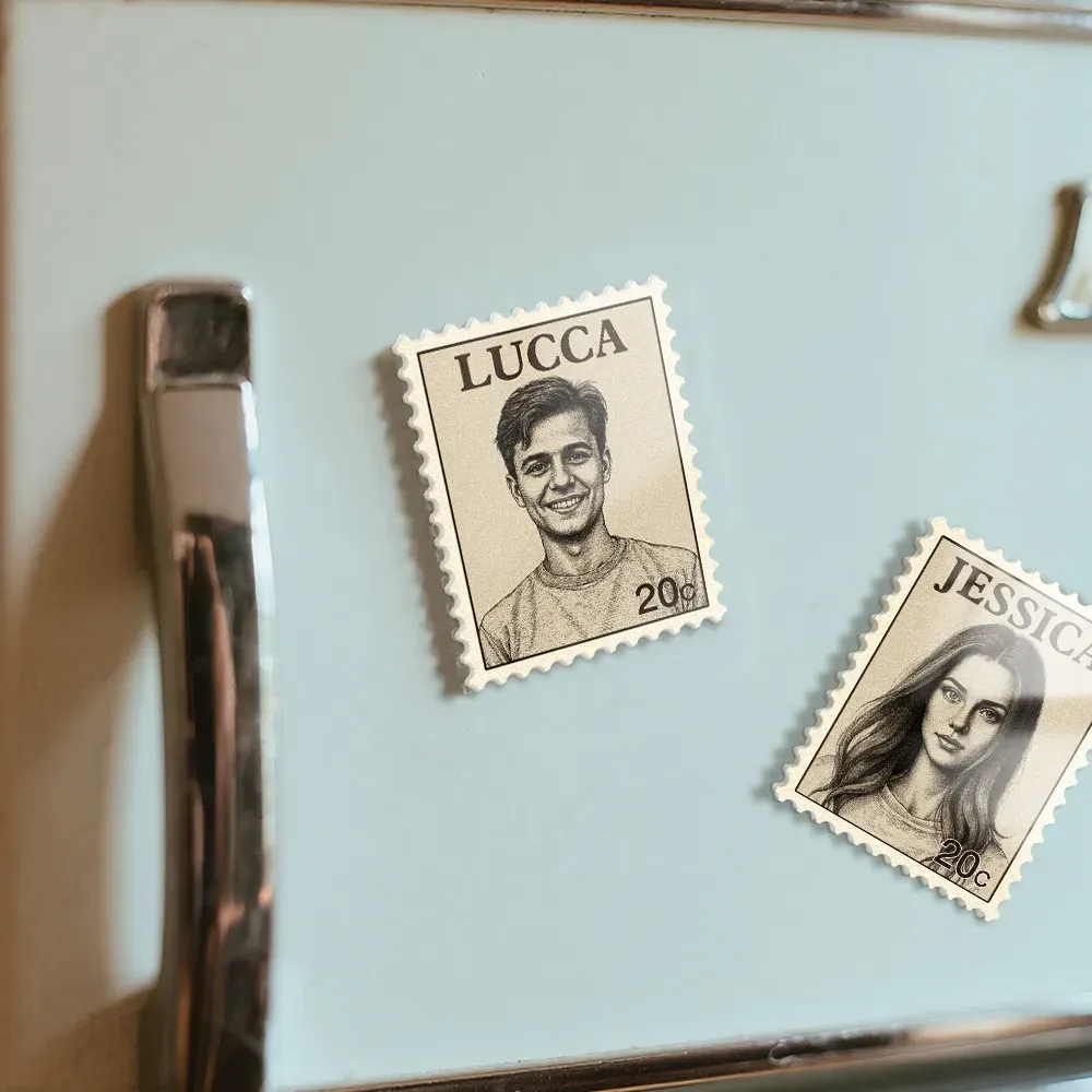 Imán Para Nevera Con Sello Vintage Y Retrato Personalizado, Foto Personalizada, Nombre, Sello Postal, Regalo De Aniversario - soufeeles