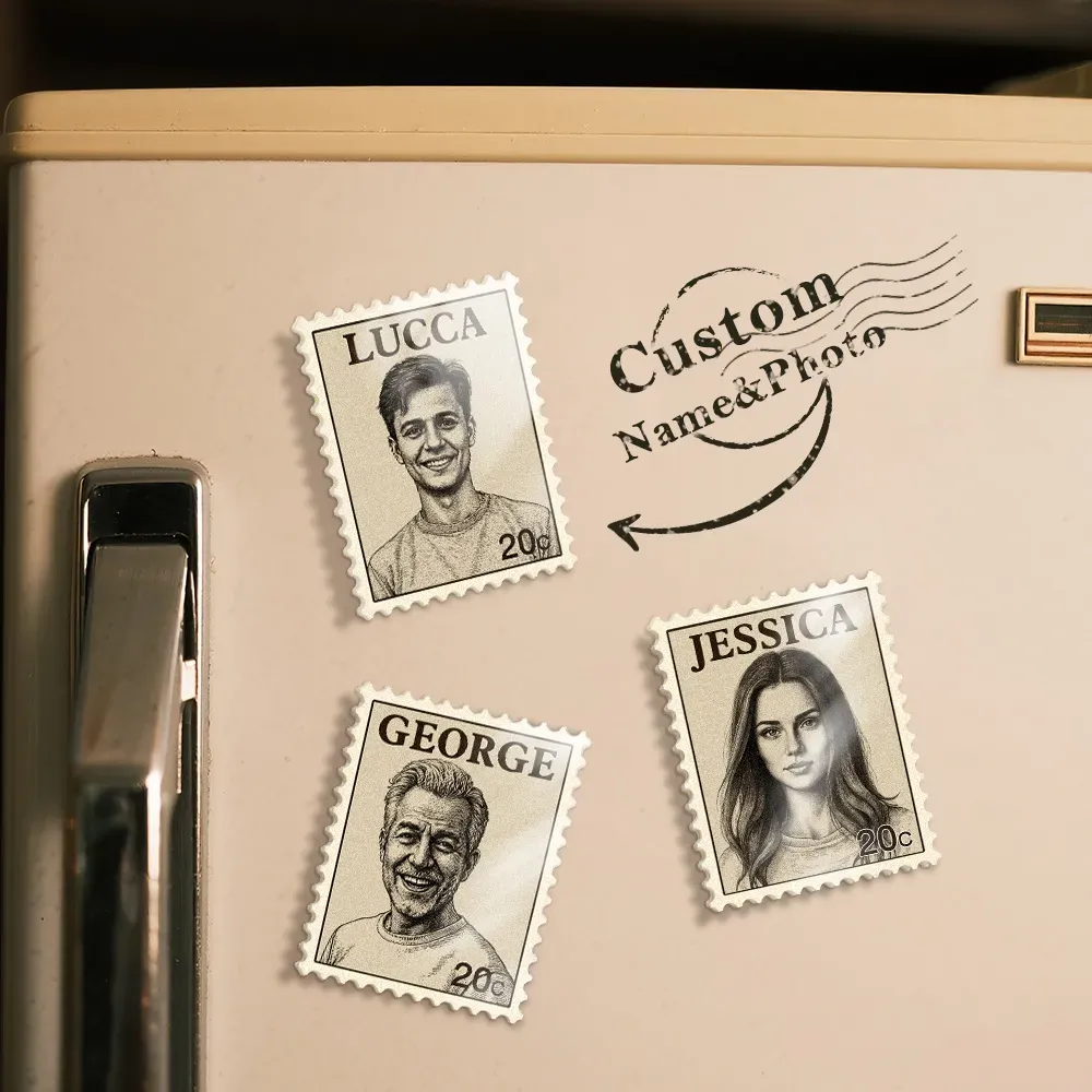 Imán Para Nevera Con Sello Vintage Y Retrato Personalizado, Foto Personalizada, Nombre, Sello Postal, Regalo De Aniversario - soufeeles
