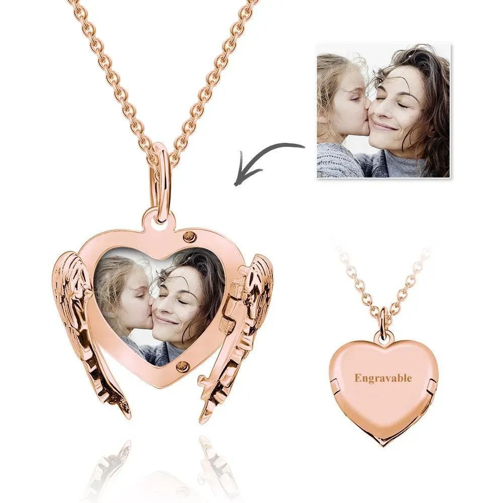 Collar Con Medallón Con Foto Grabable, Corazón Personalizado, Alas De Ángel, Regalo De Plata De Ley Para Mamá - soufeeles