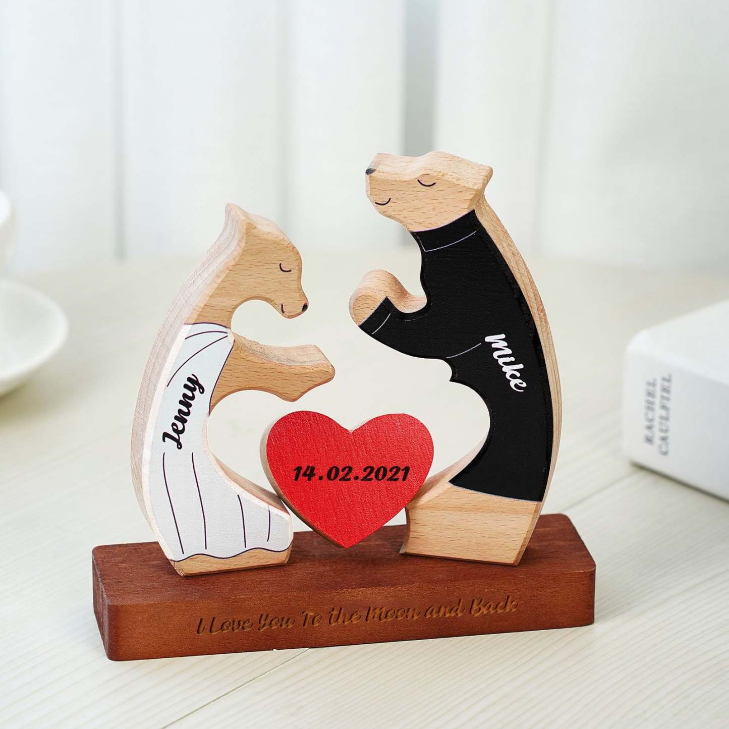 Nombre Personalizado Oso De Pareja De Madera Con Bloques De Fecha Personalizados Regalos De Amor Para Ella - soufeeles
